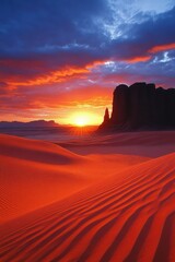 Desert sand dunes at sunset. Orange sand dunes and rock formation during sunrise. Sun is bright with rays. Sky is blue with red and orange color.