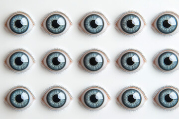 A collection of striking blue eyes peek through a rustic wooden fence, each one unique and captivating in their gaze.