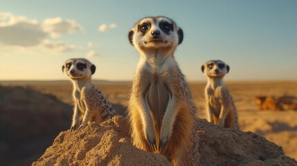 Meerkat group on sand. Meerkats standing tall. Desert scene. Animals looking out. Group of animals observing. Wildlife in nature.