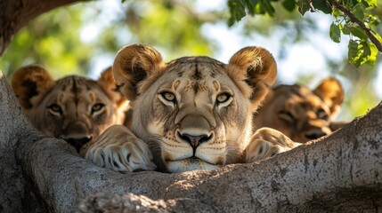 Obraz premium Lions Resting in Tree. Group of lions. Animals relaxing. Big cats. African wildlife. Predators. Wildlife photography. Focus on front lion.