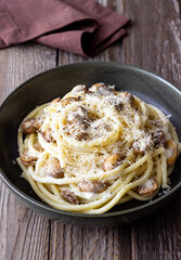 Bucatini pasta in creamy sauce with mushrooms and cheese. Vegetarian food. Italian cuisine.