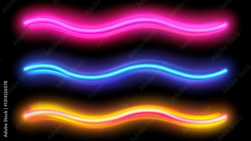 Poster bright neon glowing lines with wavy and dynamic illumination