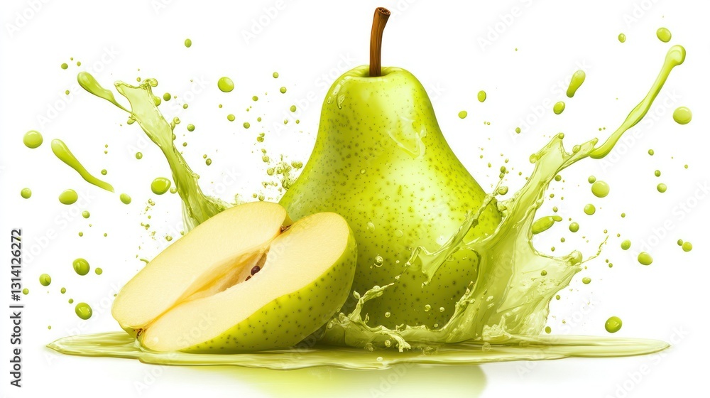 Poster a green pear is shown with splashing juice and slices
