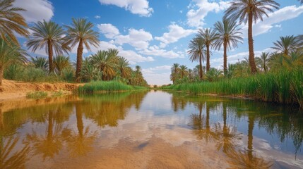 Desert Oasis View. Water Reflects Palm Trees. Blue Sky with Clouds. Tranquil Scene. Arid Landscape. River flowing. Palms in the Middle East.