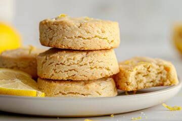Fresh lemon biscuits on white plate with lemon garnish. AI image