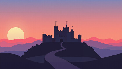 Obraz premium St. Patrick’s Day, Silhouette of an Irish Castle at sunset with rolling hills, copy space