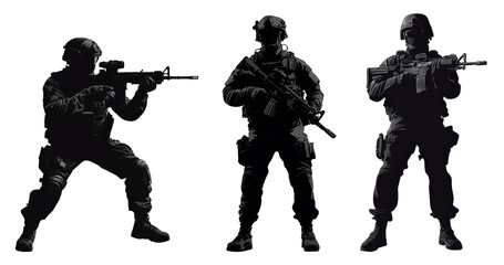 silhouette of three swat soldiers with rifles on white background