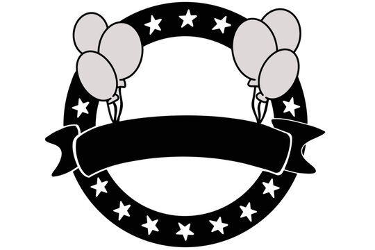 Festive circular stamp vector with balloons and a blank ribbon in the center