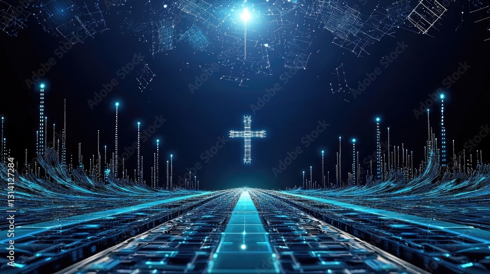 Poster digital blue background featuring tiny floating squares and crosses, forming a high-tech pattern