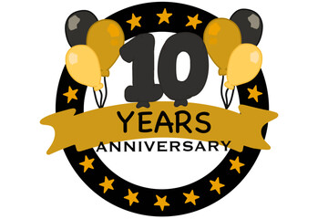 Golden 10 years anniversary vector, logo, emblem, and circle, suitable for festive events
