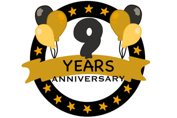 Golden 9 years anniversary vector, logo, emblem, and circle, suitable for festive events
