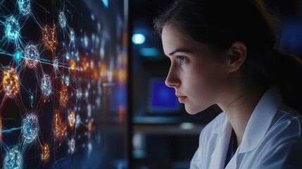 Naklejka premium A focused Arab woman in a hijab gazes intently at a computer screen displaying a vibrant network of interconnected dots and lines, symbolizing data and connectivity.
