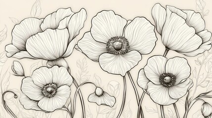Delicate black and white drawing of several blooming flowers