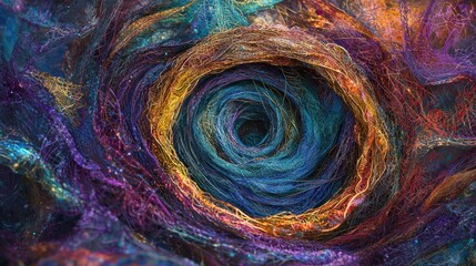 Abstract swirling colorful textile fibers forming a vortex.