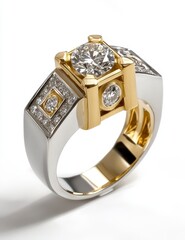 Elegant gold and silver ring with diamond accents and unique design