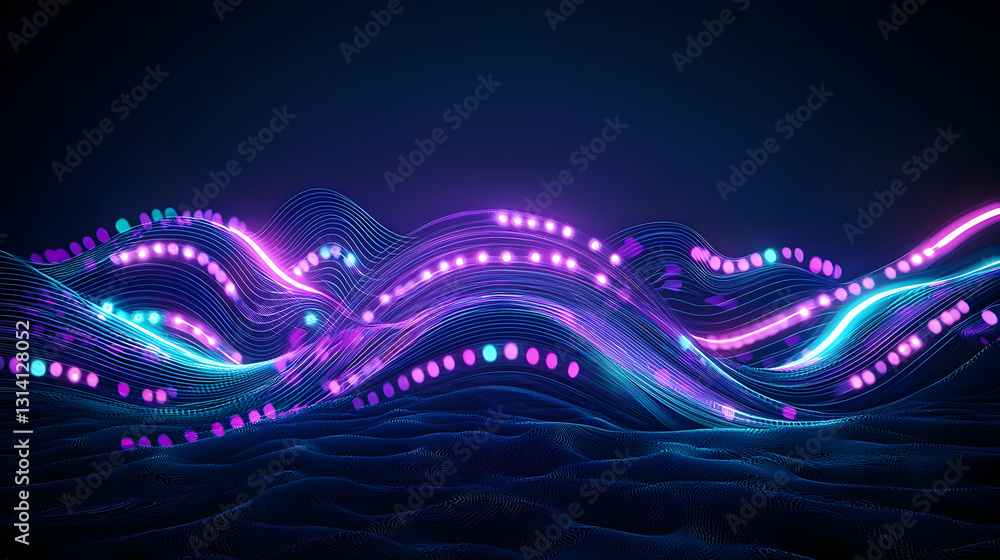 Poster dynamic glowing neon light landscape with blue and pink data visualization art in a digital cyberspa