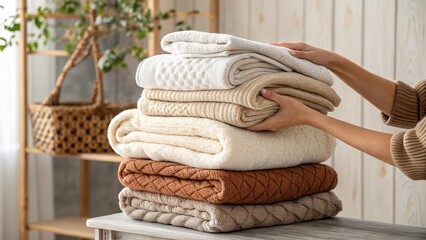 Stack of neatly folded knitted blankets in neutral shades, being organized by hands.  Home textile and household management.
