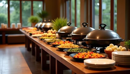 A beautifully arranged indoor catering buffet in a restaurant, featuring a variety of gourmet dishes, fresh ingredients, and an elegant dining presentation for guests.
