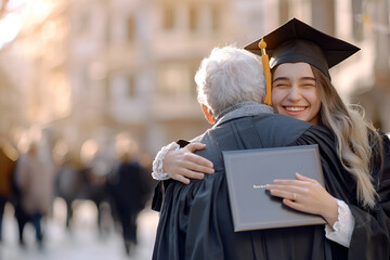 Joyful female graduate in graduation cap hugging elderly relative outdoors in warm sunlight