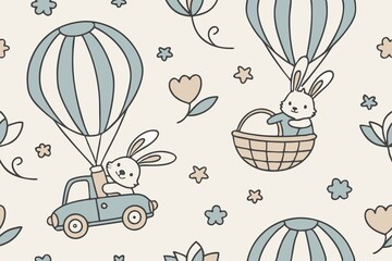seamless pattern with rabbits and flowers