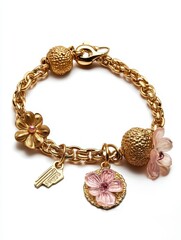 Elegant Gold Bracelet with Floral Charms and Unique Design Elements