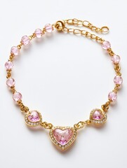 Romantic Gold Necklace with Heart-shaped Pink Gemstones and Beads