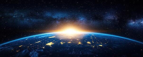 A breathtaking aerial view of Earth, showcasing the vibrant blue oceans and green landmasses, as the golden sun rises majestically over the horizon, casting warm light across the planet.