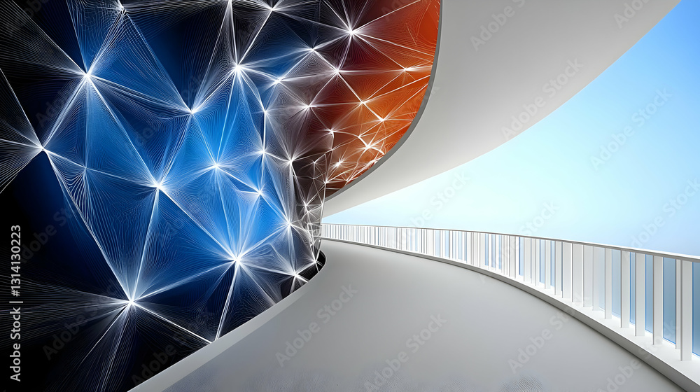 Poster futuristic white hallway with curved wall featuring a colorful abstract digital network pattern and 