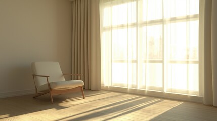Obraz premium Modern living room with a large window on the right side. the window is covered with sheer white curtains that are open, allowing natural light to enter the room.