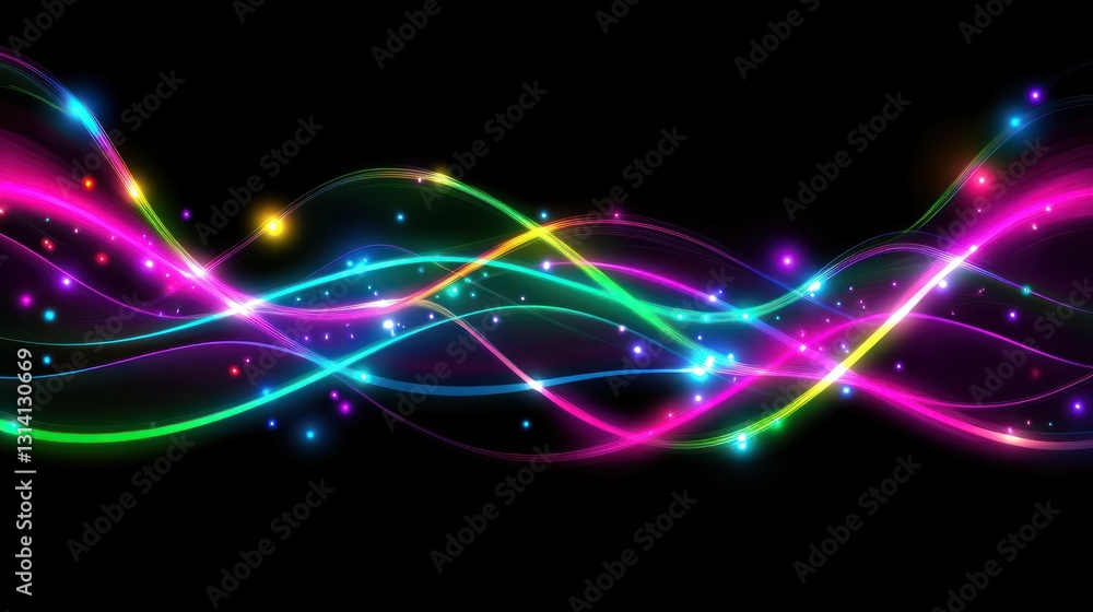 Poster glowing abstract wavy lines of various colors across black background