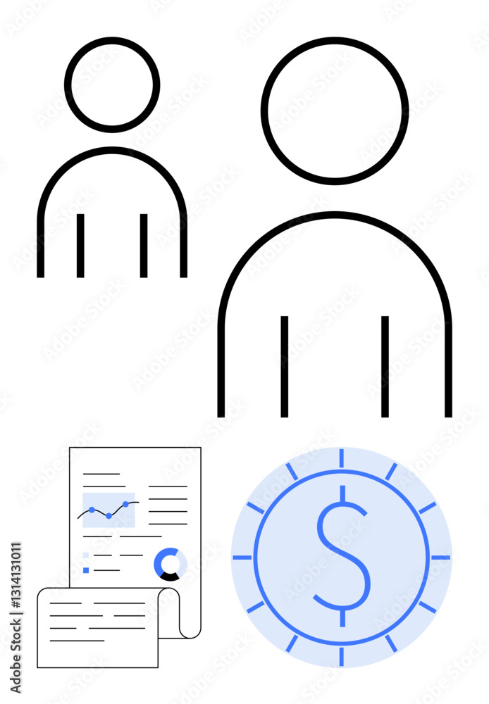Poster two abstract figures emphasizing teamwork, a report with analytics for business trends, and a curren