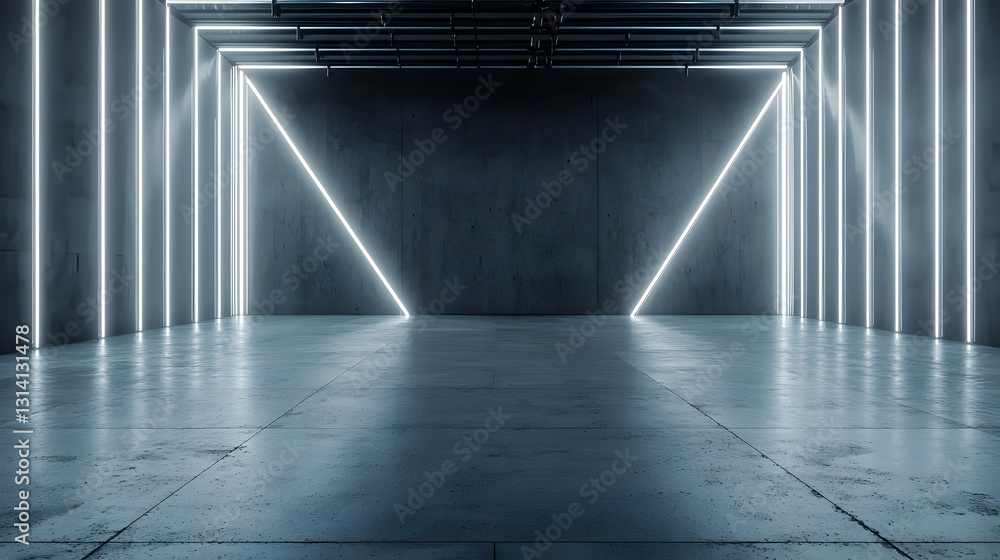 Poster futuristic empty concrete hall with glowing blue neon triangle lights and reflective floor ideal for