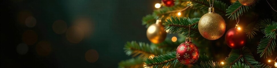 Obraz premium Ornate Christmas tree, shimmering gold ornaments, festive lights , warm, garland