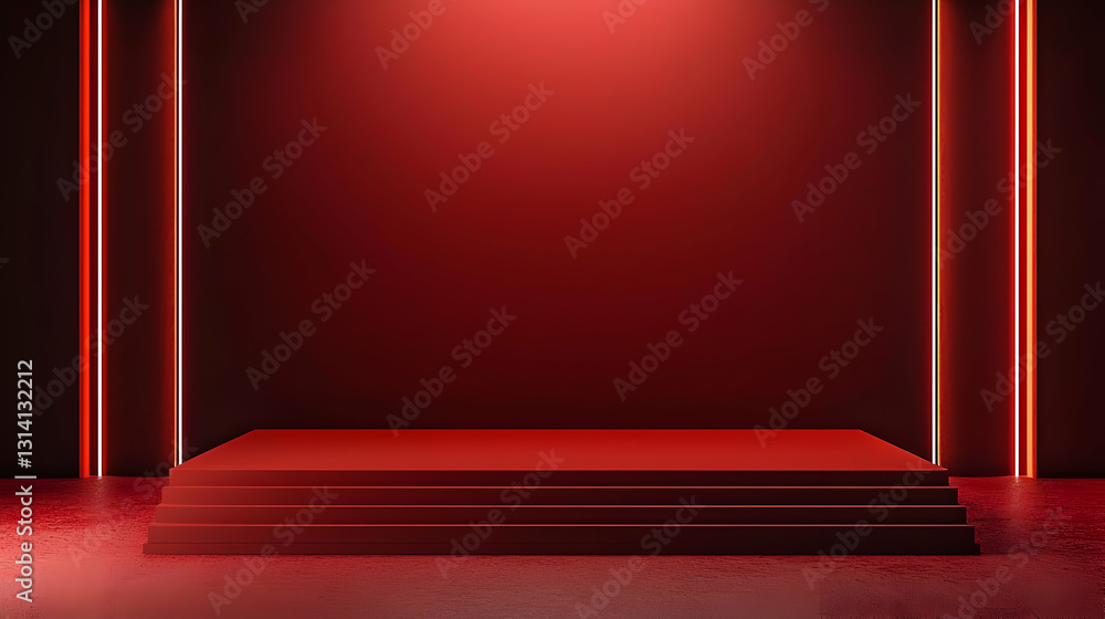 Aufkleber illuminated red podium on a textured stage with glowing neon accents in a dark studio setting for pr
