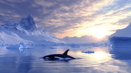 Fototapeta premium Majestic Orca Swimming in Icy Waters Under Stunning Sunset Sky