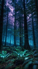Fototapeta premium Dark, Mystical Forest Interior Illuminated by Vibrant Blue and Purple Light with Ferns and Tall Pine Trees, Vertical Fantasy Scene, 4k