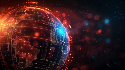 Obraz premium A digital, glowing representation of the Earth, with lines and dots forming continents.