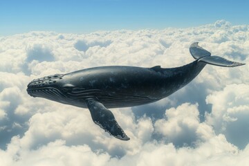 Fototapeta premium Majestic whale swimming among clouds in surreal sky. AI image