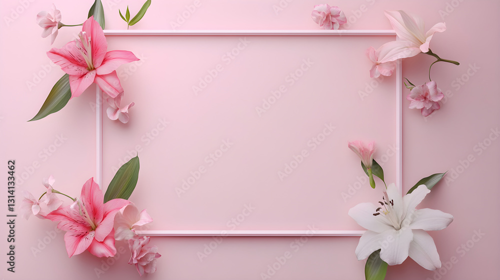 Poster rectangular frame with soft pastel flowers in each corner