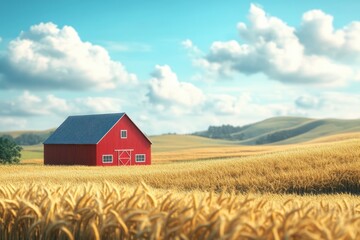 A red barn sits next to a golden wheat field under a blue sky