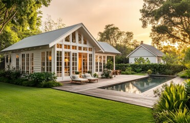 Fototapeta premium Beautiful Modern Cottage with Pool Surrounded by Greenery at Sunset