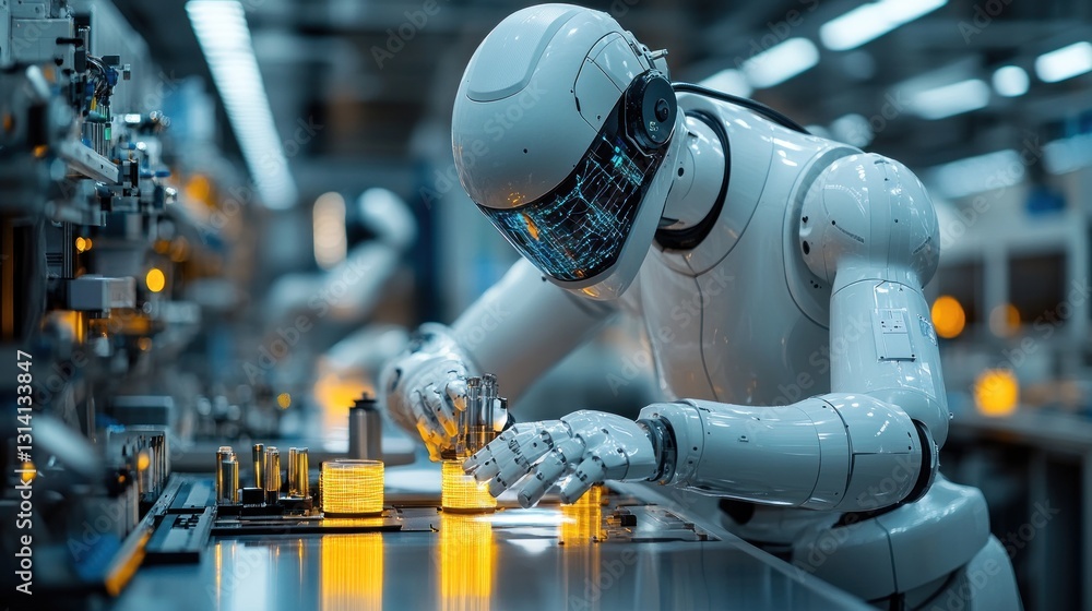 Poster factory robot assembling components in a high-tech facility