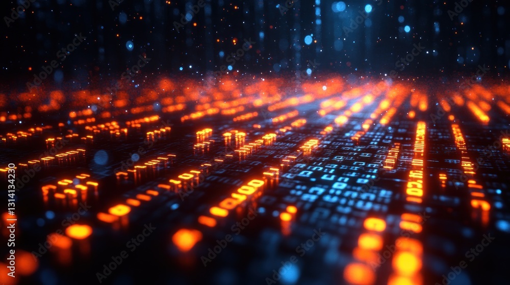Poster abstract digital network pathway with glowing orange and blue elements in a dark space