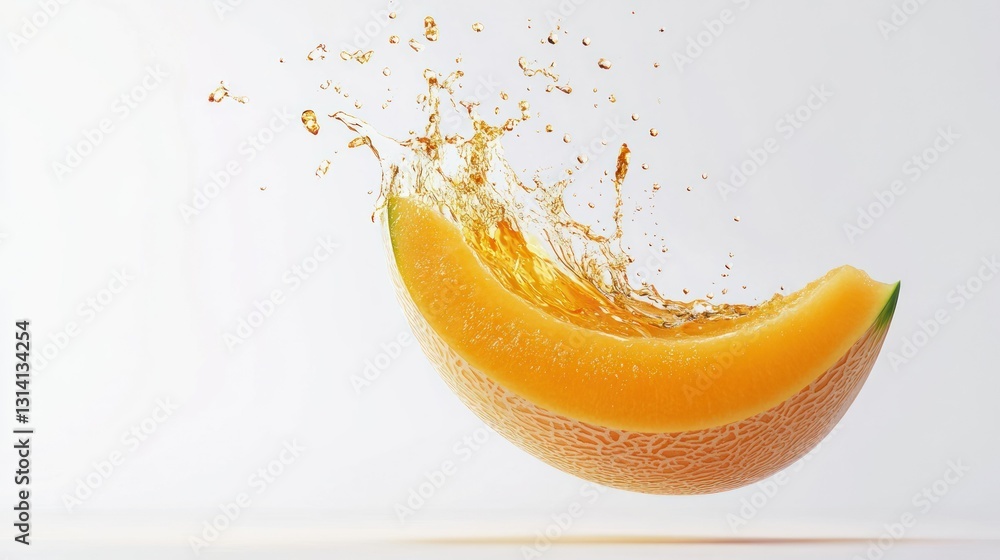 Poster a cantaloupe slice with liquid bursting upwards in an image