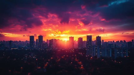Fototapeta premium Sunset cityscape, dramatic clouds, city skyline, vibrant colors