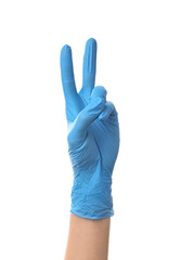 Obraz premium Female hand in medical glove showing two fingers on white background