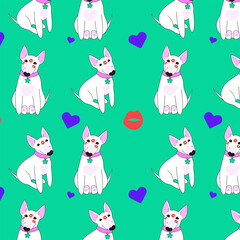 Seamless pattern with bull terrier. Cute kissed dogs hand drawn illustration.