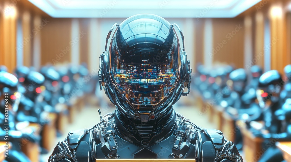 Poster futuristic robotic gathering in high-tech environment showcases advanced ai capabilities