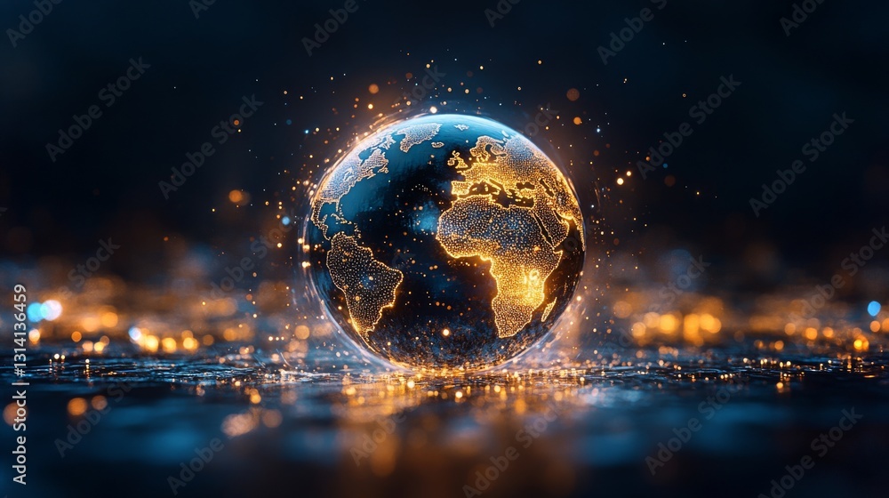 Poster captivating 4k animation of a glowing earth surrounded by shimmering particles in a digital realm