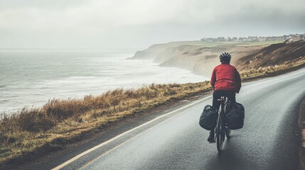 Fototapeta premium Cyclist in Red Jacket Riding Along Coastal Road with Dramatic Sea View
